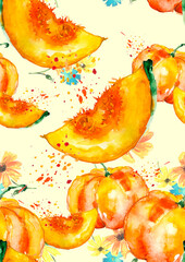 seamless watercolor pattern of plants.Herbs, flowers, chamomile, flowers watercolor. flowers calendula. drawing of calendula, marigolds.harvest of pumpkin. Slice the pumpkin pulp.Autumn background. 