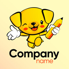 A smiling, open, cute dog with a pencil in his hand as a mascot or graphic element for a logo