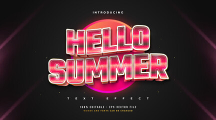 Hello Summer Text in Red Retro Style with Wavy Effect. Editable Text Style Effect