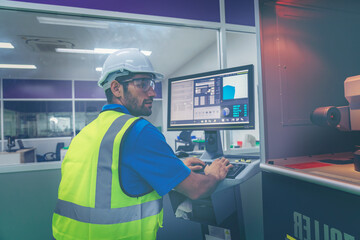 Male industrial engineer or technician worker using control machine operating control CNC machinery at factory Industrial.