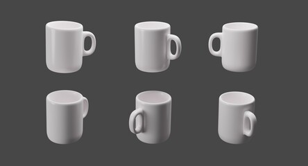 A white coffee cup 3D Render in various positions, from different viewing angles. Simple isolated ceramic mug on a dark background.