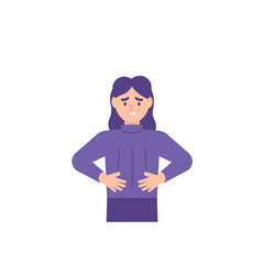 illustration of a woman whose stomach rumbles or sounds because he is hungry. holding his stomach. experiencing stomach or ulcer pain. flat style. vector design