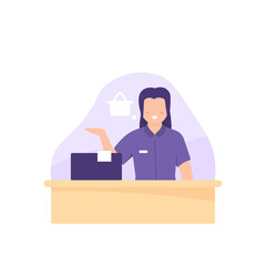 cashiers, shop assistants, supermarket staff. illustration of a female worker standing next to a cash register serving customers. flat style. vector design