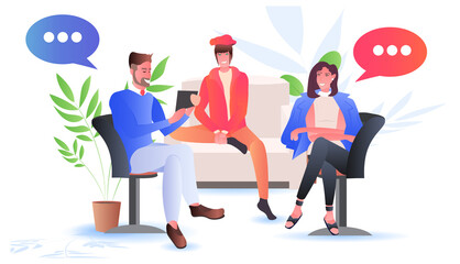 friends discussing during meeting at round table chat bubble communication concept horizontal