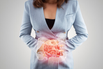 Illustration of large intestine is on the woman's body. Business Woman touching belly painful suffering from enteritis. internal organs of the human body. inflammatory bowel disease - obrazy, fototapety, plakaty