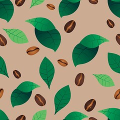 Trendy seamless pattern with arabica and robusta coffee beans. The leaves of the coffee tree lie between the chaotically scattered coffee. Vector art for surface design, fabric, wallpaper. 