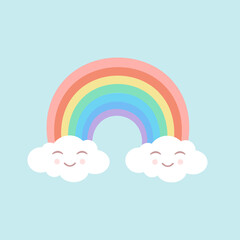 Rainbow with cute clouds on an isolated blue background. Vector illustration for fabrics, textures, wallpapers, posters, stickers, postcards. Childish fun print.