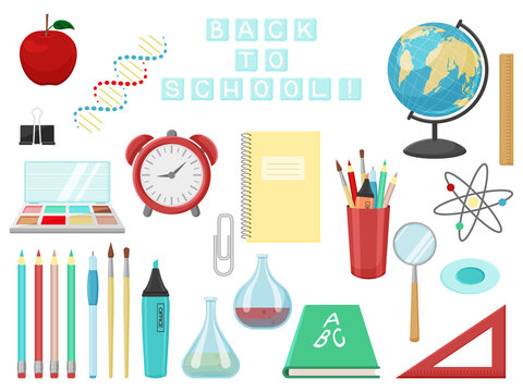 collection of various school accessories. Isolated on white. Vector illustration. Set of office supplies. Cartoon style.