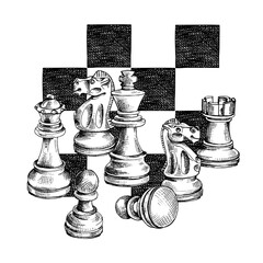 Chess figures on a checkered background. Textile composition, hand drawn style print. Vector black and white illustration. 