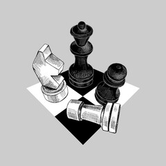 Chess figures on the chessboard. T-shirt composition, hand drawn style print. Vector black and white illustration. 