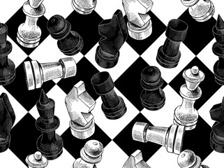 Seamless wallpaper pattern. Chess figures on a chessboard. Textile composition, hand drawn style print. Vector black and white illustration. 