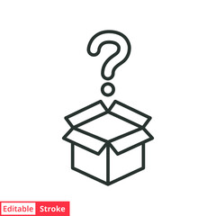 Mistery box line icon. Simple outline style. Carton, open, magic, mark, pictogram, question, mark, secret concept. Vector illustration isolated on white background. Editable stroke EPS10.