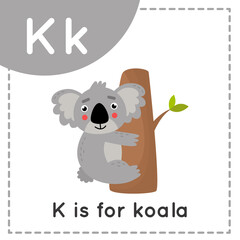 Learning English alphabet for kids. Letter K. Cute cartoon koala.