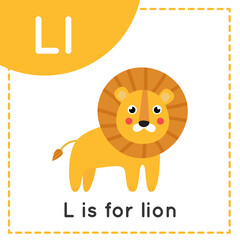 Learning English alphabet for kids. Letter L. Cute cartoon lion.