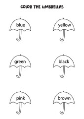 Color cute black and white umbrellas. Worksheet for kids.