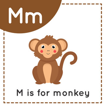 Learning English alphabet for kids. Letter M. Cute cartoon monkey.