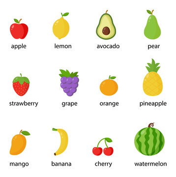 Set of colorful fruits and berries with names. Vector illustrations.