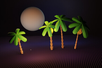 Palm trees on the desert.Sand desert at sunset, twilight. 3D rendering