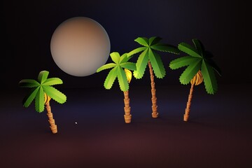 Palm trees on the desert.Sand desert at sunset, twilight. 3D rendering