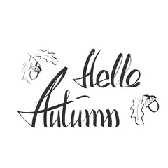 Hello autumn hand lettering phrase on orange maple leaf background. Hand written slogan hello autumn bright watercolor texture isolated on white background for your poster, flyer or card design