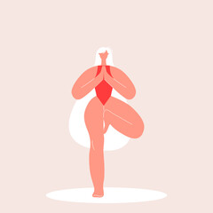Young Woman in red swimwear doing Yoga. Feminine cartoon character in tree posture vrikshasana. Vector illustration in flat style. Eps 10