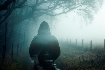 A double exposure of an atmospheric half transparent man looking at a foggy path in the...