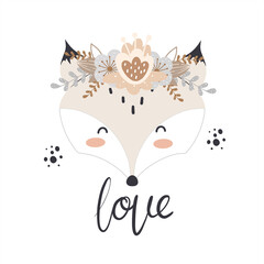 Fototapeta premium Cute fox with flower wreath in scandinavian style