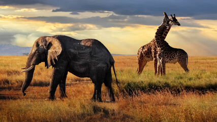 African huge elephant and giraffes  in the Serengeti National Park. Tanzania. African safari.