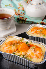 delicious steam egg with salted egg and shrimp.  Steam egg made by Eggs are beaten to a consistency similar to that used for an omelette and then steamed.