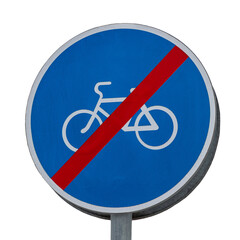 Blue road sign no cycling allowed, isolated on a white background