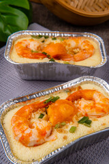 delicious steam egg with salted egg and shrimp.  Steam egg made by Eggs are beaten to a consistency similar to that used for an omelette and then steamed.