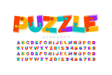 Puzzle game style 3d font, jigsaw puzzle alphabet letters and numbers, vector illustration