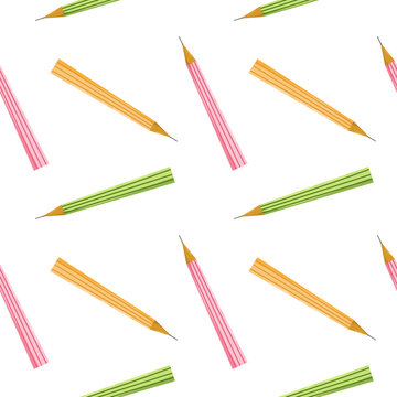 Seamless pattern with color pencils. Hand drawn vector illustration with cryons, paints, palette, brush. Back to school.
