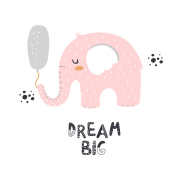 Pink elephant with balloon and lettering