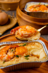 delicious steam egg with salted egg and shrimp.  Steam egg made by Eggs are beaten to a consistency similar to that used for an omelette and then steamed.
