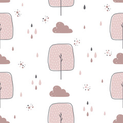Seamless pattern of trees and clouds in the Scandinavian style - 437225998