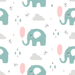 Printed kitchen splashbacks Elephant Seamless pattern with blue elephants with balloon in scandinavian style