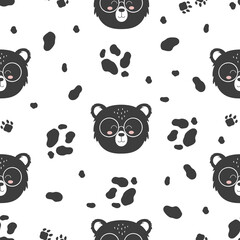 Seamless pattern with cute bears of black color in the Scandinavian style - 437226327