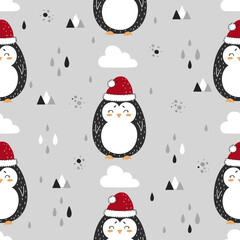 Seamless pattern with cute penguins in a christmas hat - 437226521