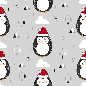 Seamless pattern with cute penguins in a christmas hat