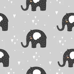 Fotobehang Olifant Naadloos patroon met olifanten in de Scandinavische stijl in zwart