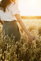 Young woman in a oats field. Girl walking through field and touches cereal. Rich Harvest concept....