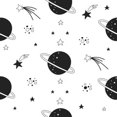 Seamless pattern with planets and stars of black color in scandinavian style - 437227109