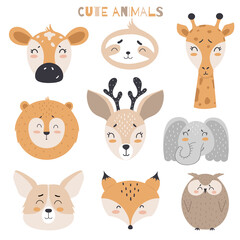 Set of cute animals in scandinavian style for kids design on white background