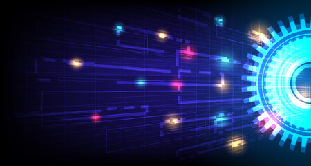 Gear wheel pattern on powder circuit, electronic light line on background.EP-17