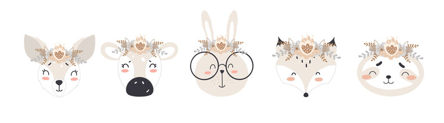 Set of cute animals with wreaths in scandinavian style