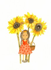 cute girl with a bow on her head and a polka dot dress with a basket in her hands on the background of 3 sunflowers isolated on a white background