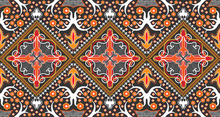 Seamless red-orange fabric pattern adorned with traditional Central Asian motifs.EP.4
