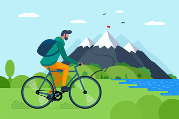 Young man riding bicycle in mountains. Boy bicyclist tourist with backpack on bike travel in nature. Male cyclist active recreation on hill lake and forest. Cycle ride touring vector illustration - obrazy, fototapety, plakaty