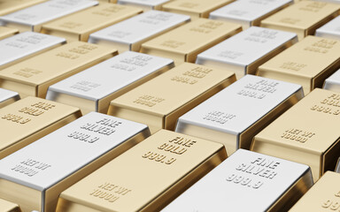 Gold and silver bars in bank vault background